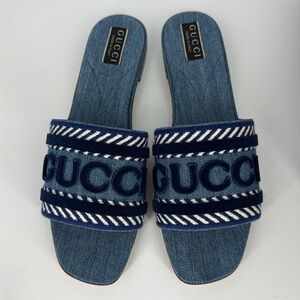 Gucci 41.5 Denim Jean Jane Logo Blue Stripe Slides Sandals E945